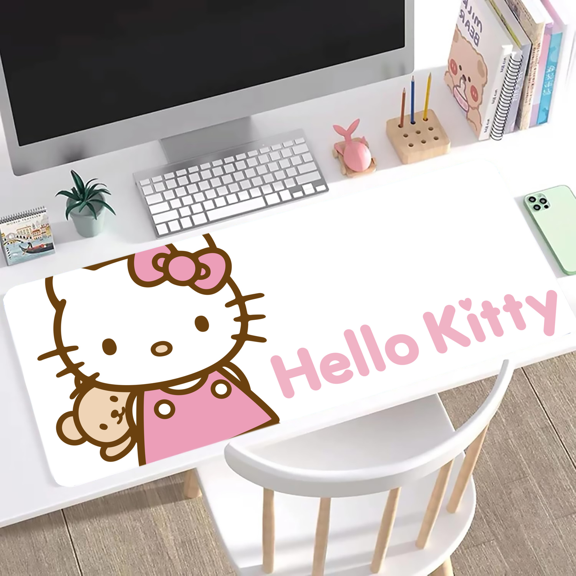 （画像用） Hello Kitty ハローキティ ステッチ加工 大判デスクマット／滑り止めマウスパッド