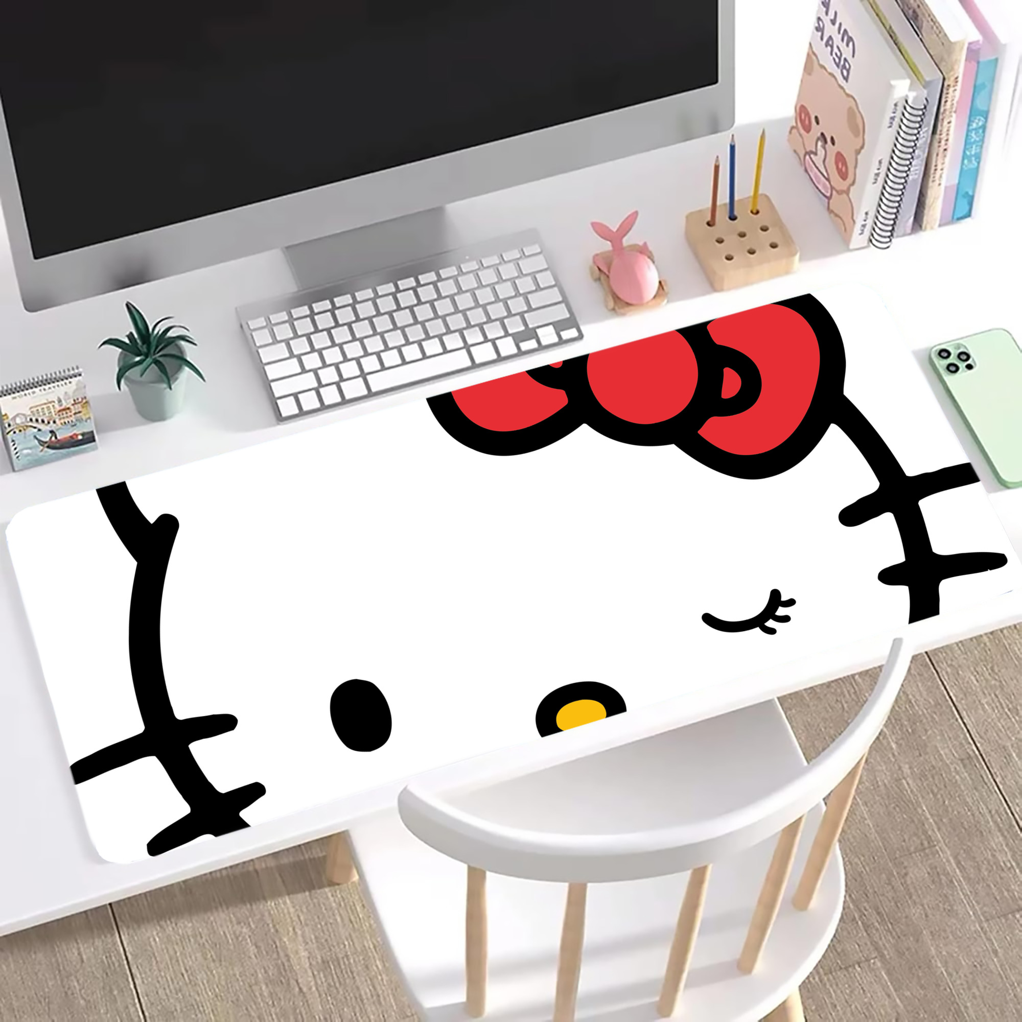 （画像用） Hello Kitty ハローキティ ステッチ加工 大判デスクマット／滑り止めマウスパッド