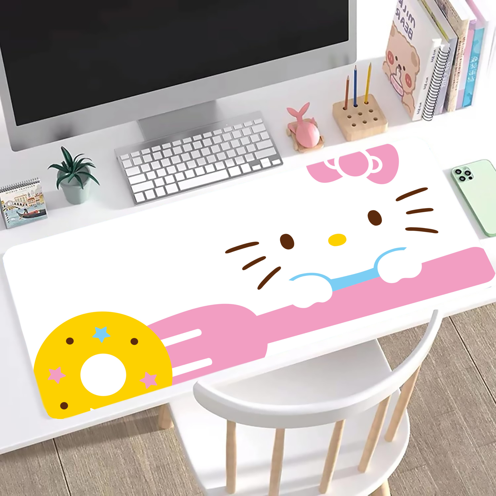 （画像用） Hello Kitty ハローキティ ステッチ加工 大判デスクマット／滑り止めマウスパッド