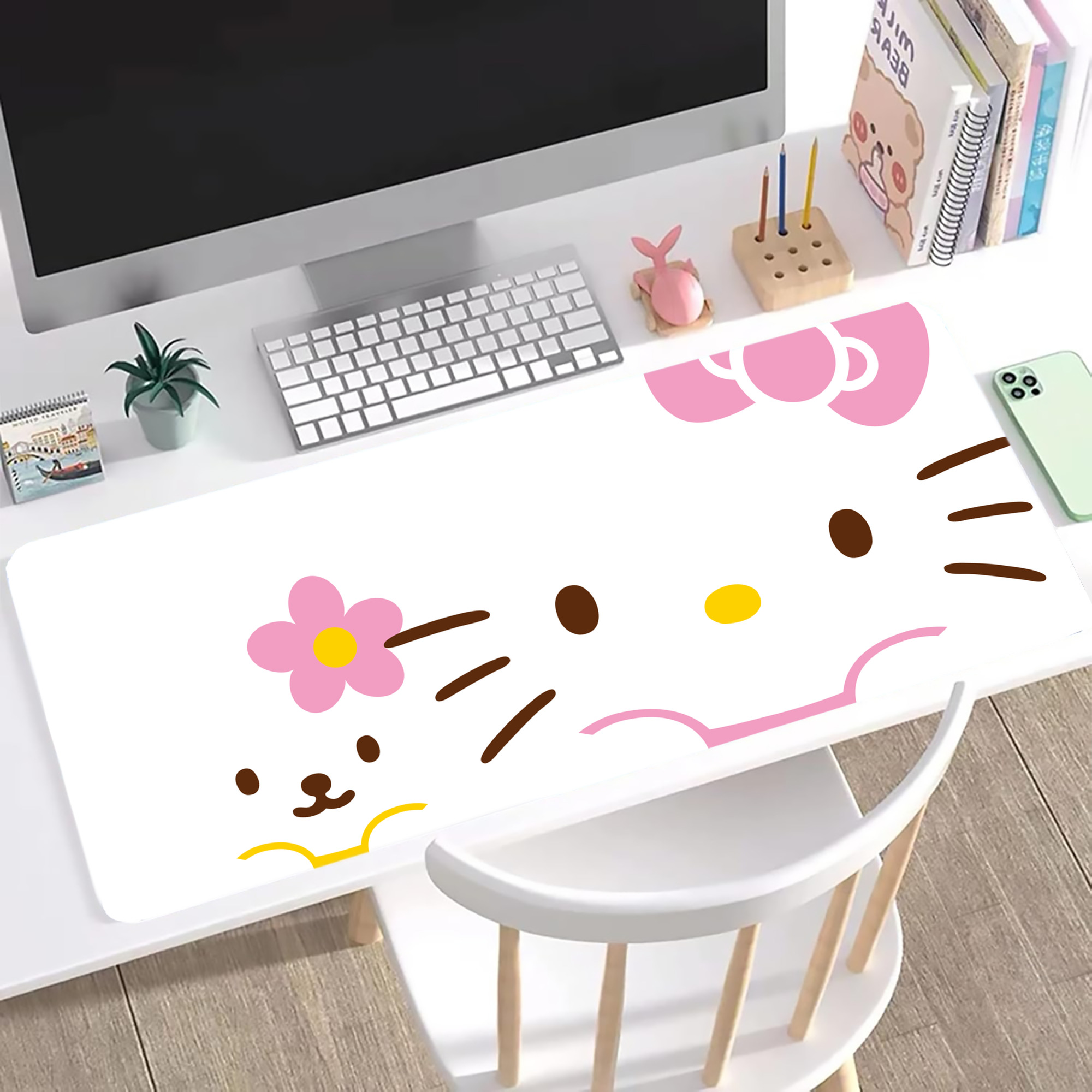 （画像用） Hello Kitty ハローキティ ステッチ加工 大判デスクマット／滑り止めマウスパッド