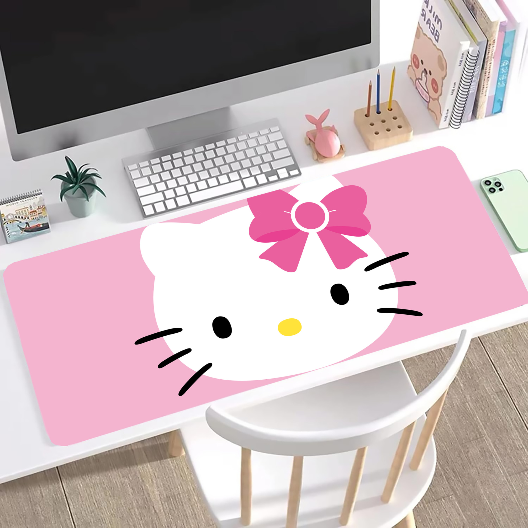 （画像用） Hello Kitty ハローキティ ステッチ加工 大判デスクマット／滑り止めマウスパッド
