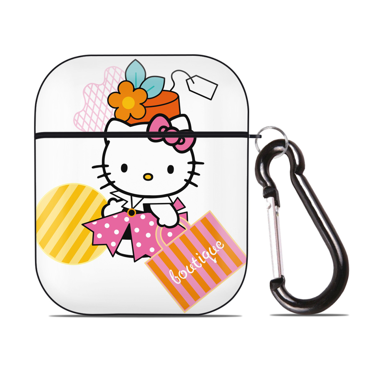 （画像用） Hello Kitty ハローキティ AirPods 第2世代保護ケース ハードシェル ブラック 耐衝撃・防指紋・カラビナ付き