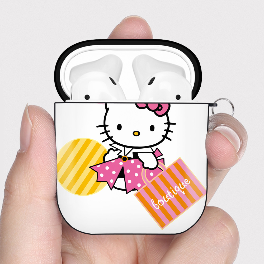 （画像用） Hello Kitty ハローキティ AirPods 第2世代保護ケース ハードシェル ブラック 耐衝撃・防指紋・カラビナ付き