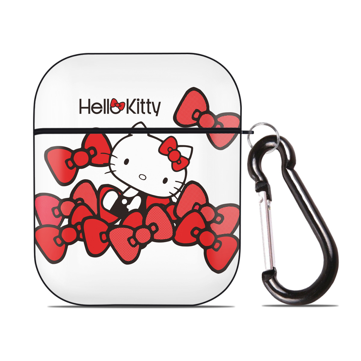 （画像用） Hello Kitty ハローキティ AirPods 第2世代保護ケース ハードシェル ブラック 耐衝撃・防指紋・カラビナ付き