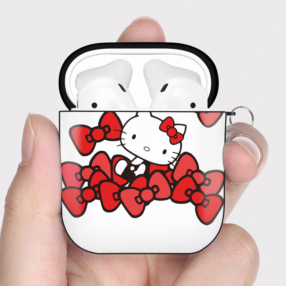 （画像用） Hello Kitty ハローキティ AirPods 第2世代保護ケース ハードシェル ブラック 耐衝撃・防指紋・カラビナ付き