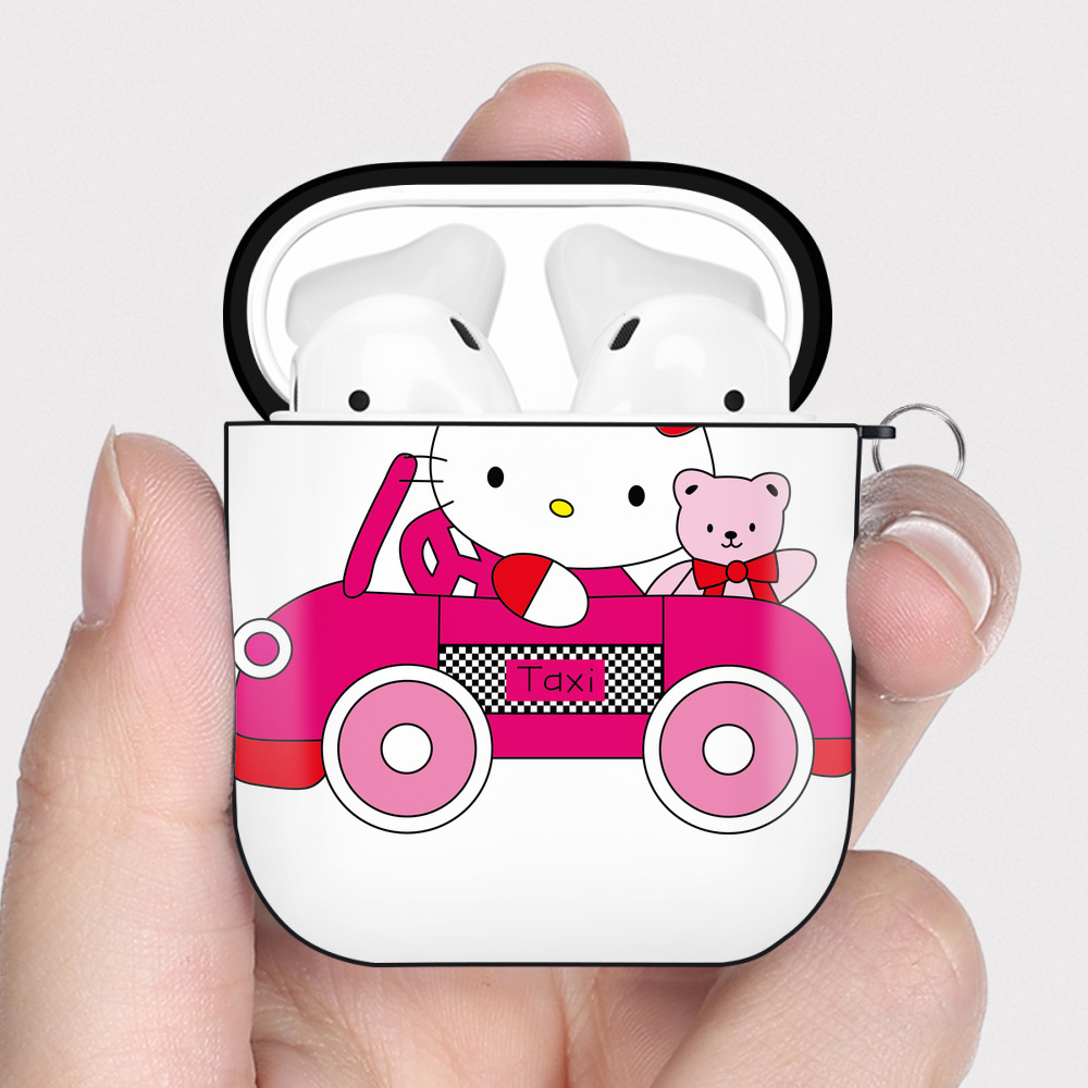 （画像用） Hello Kitty ハローキティ AirPods 第2世代保護ケース ハードシェル ブラック 耐衝撃・防指紋・カラビナ付き
