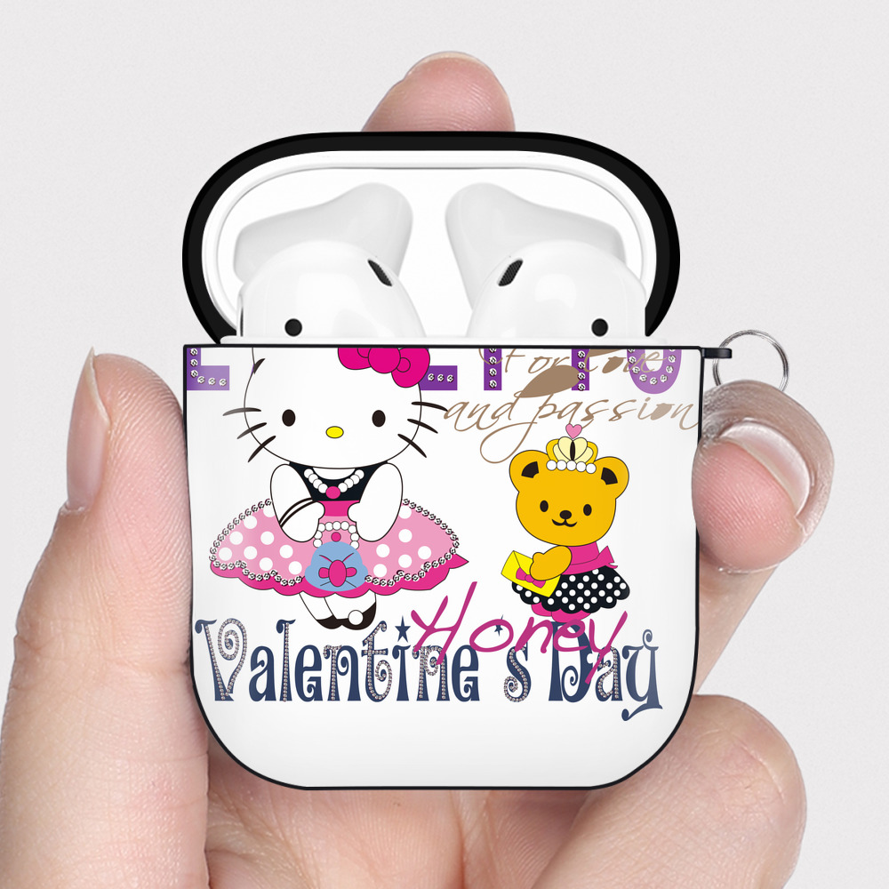 （画像用） Hello Kitty ハローキティ AirPods 第2世代保護ケース ハードシェル ブラック 耐衝撃・防指紋・カラビナ付き
