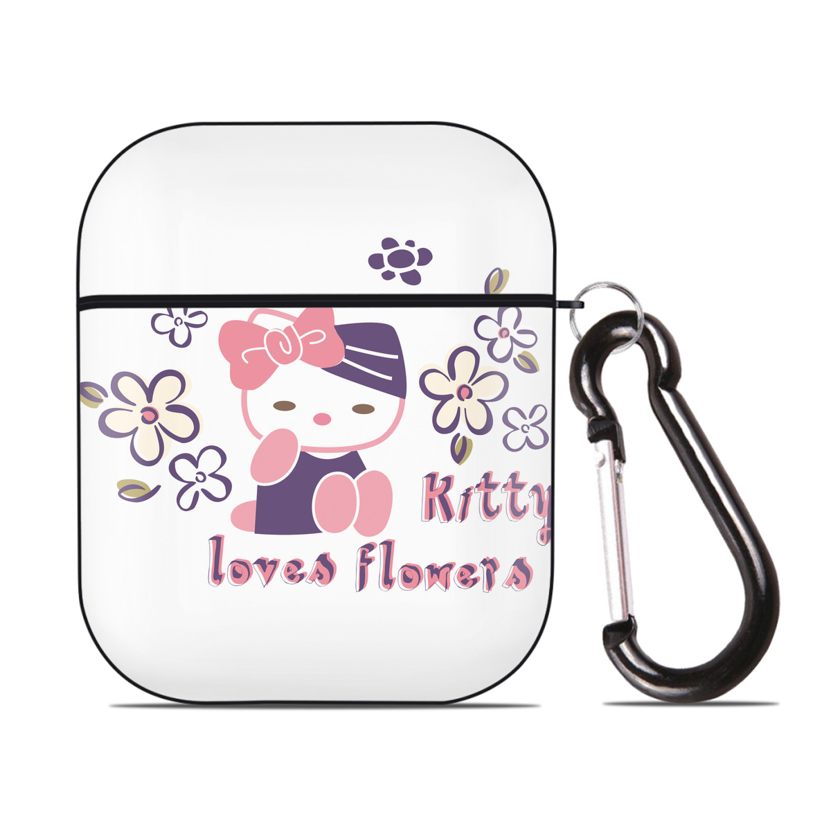 （画像用） Hello Kitty ハローキティ AirPods 第2世代保護ケース ハードシェル ブラック 耐衝撃・防指紋・カラビナ付き