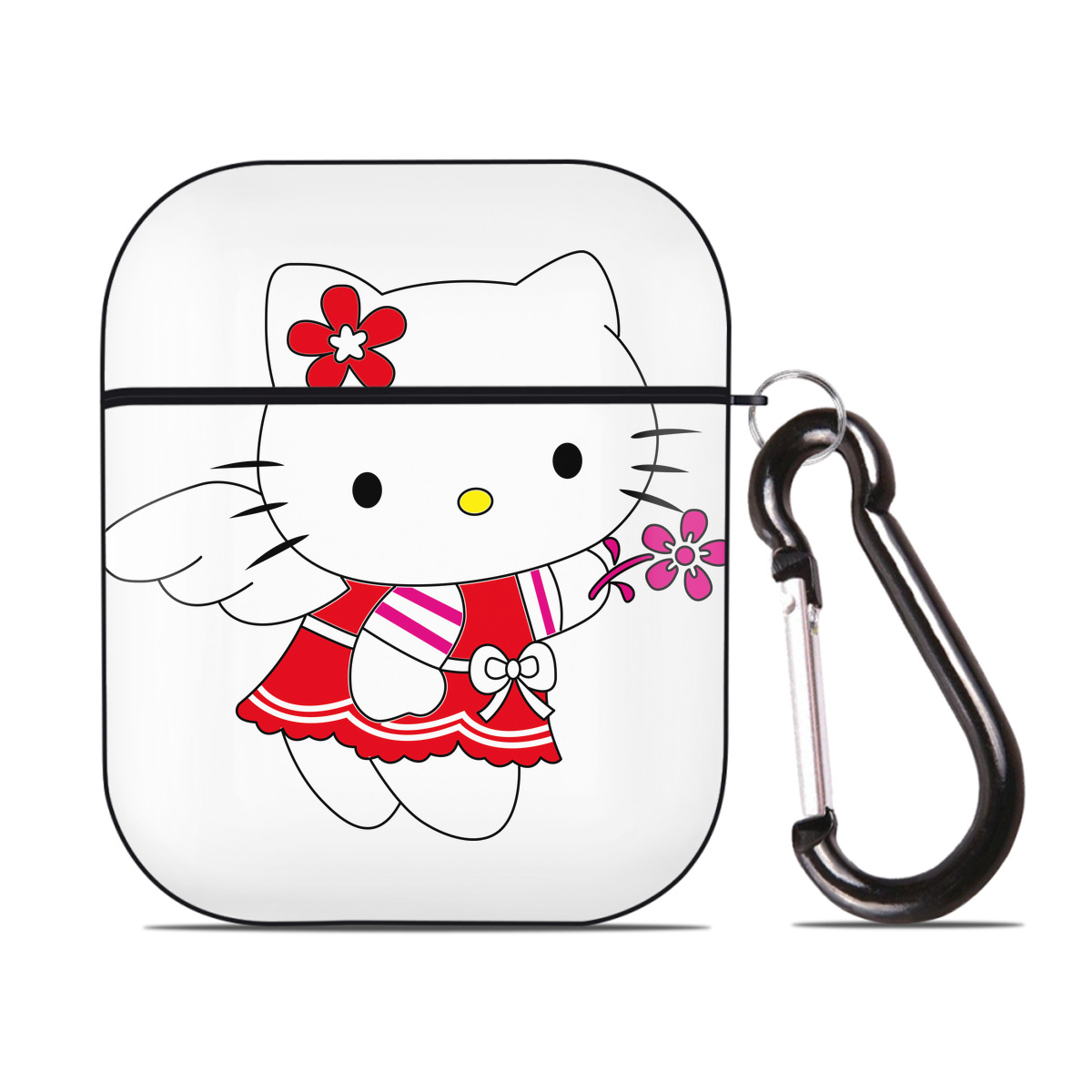 （画像用） Hello Kitty ハローキティ AirPods 第2世代保護ケース ハードシェル ブラック 耐衝撃・防指紋・カラビナ付き