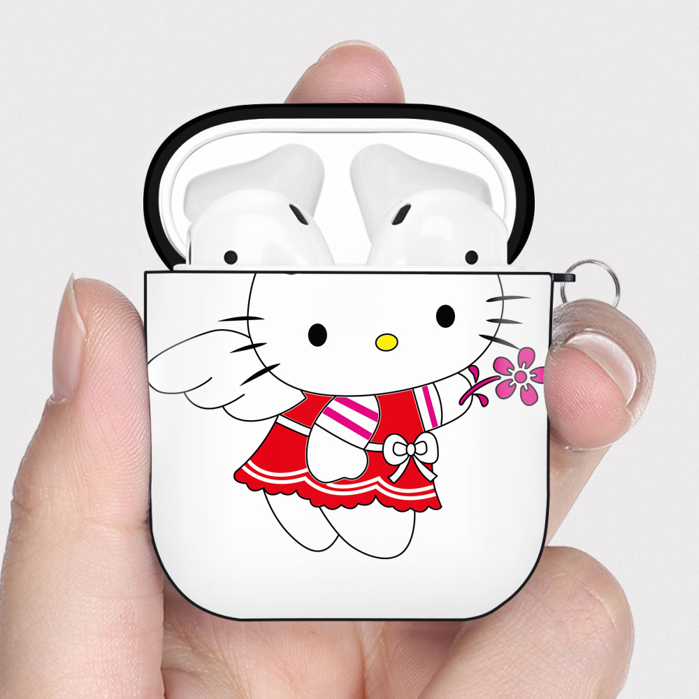 （画像用） Hello Kitty ハローキティ AirPods 第2世代保護ケース ハードシェル ブラック 耐衝撃・防指紋・カラビナ付き