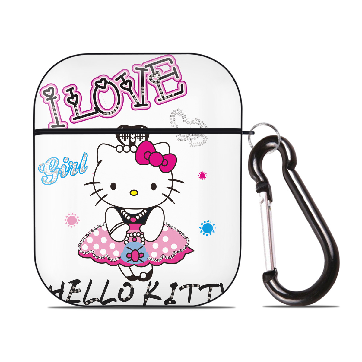（画像用） Hello Kitty ハローキティ AirPods 第2世代保護ケース ハードシェル ブラック 耐衝撃・防指紋・カラビナ付き