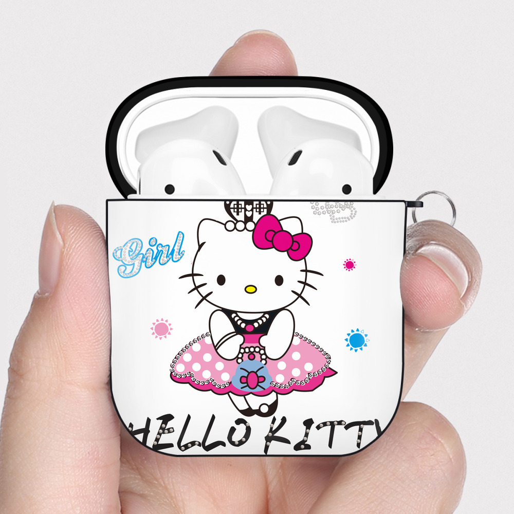 （画像用） Hello Kitty ハローキティ AirPods 第2世代保護ケース ハードシェル ブラック 耐衝撃・防指紋・カラビナ付き