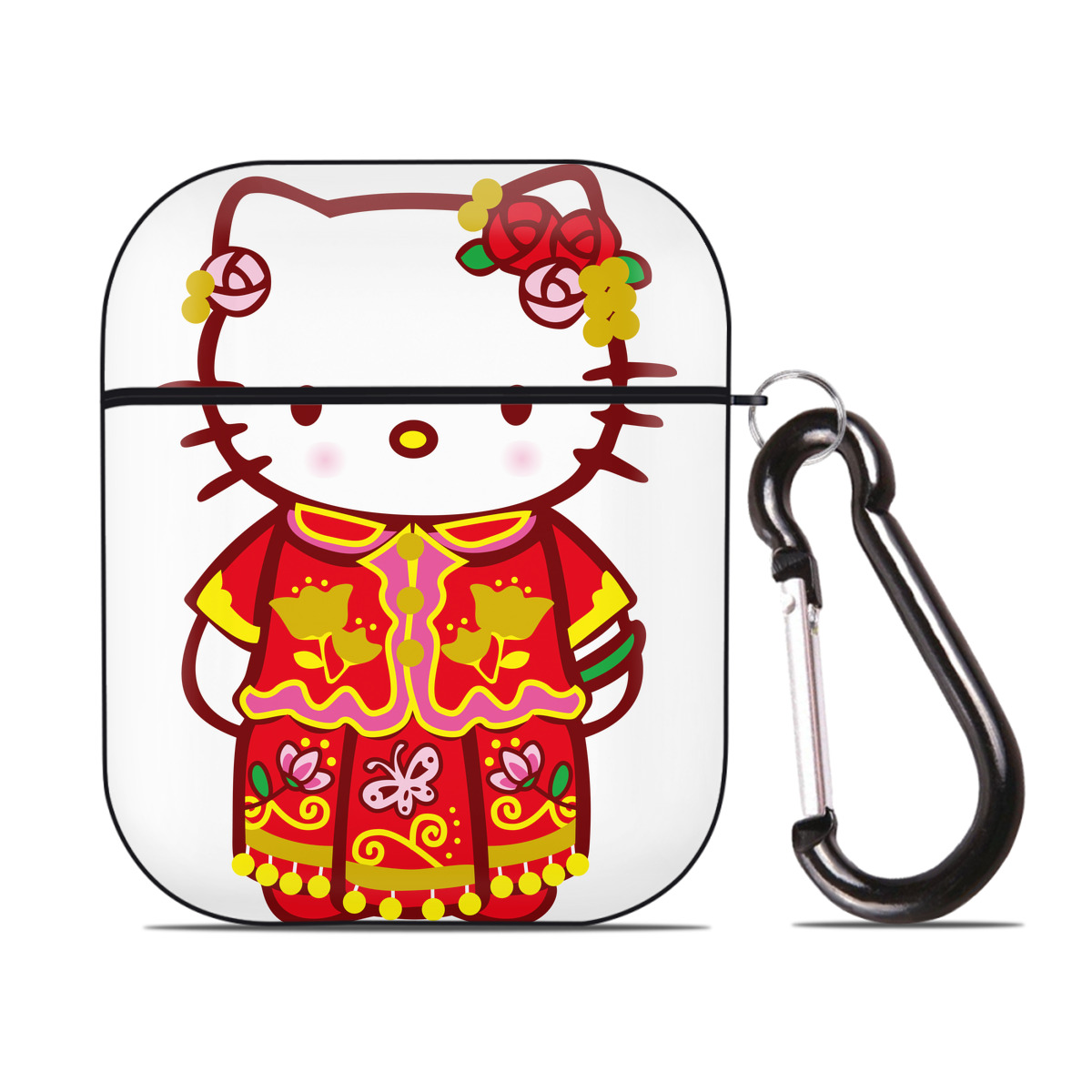 （画像用） Hello Kitty ハローキティ AirPods 第2世代保護ケース ハードシェル ブラック 耐衝撃・防指紋・カラビナ付き
