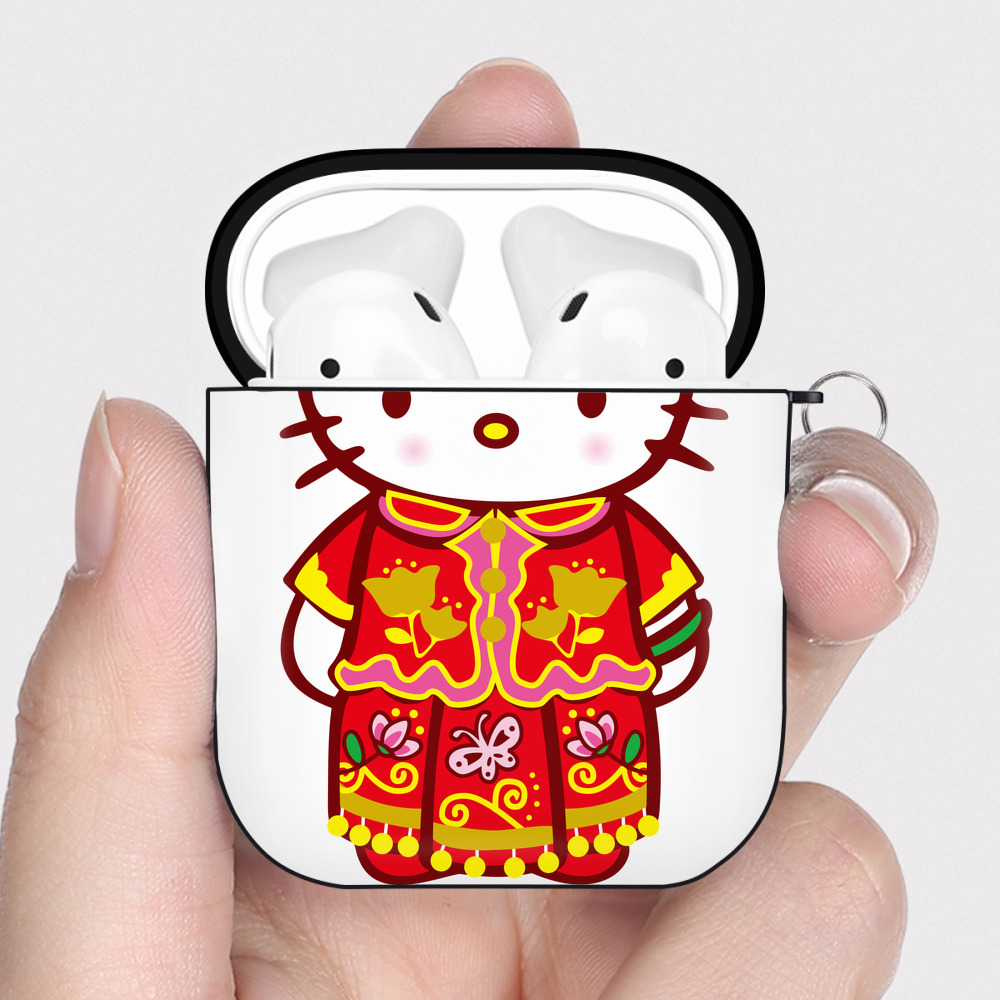 （画像用） Hello Kitty ハローキティ AirPods 第2世代保護ケース ハードシェル ブラック 耐衝撃・防指紋・カラビナ付き