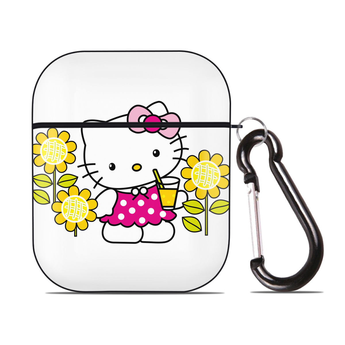 （画像用） Hello Kitty ハローキティ AirPods 第2世代保護ケース ハードシェル ブラック 耐衝撃・防指紋・カラビナ付き