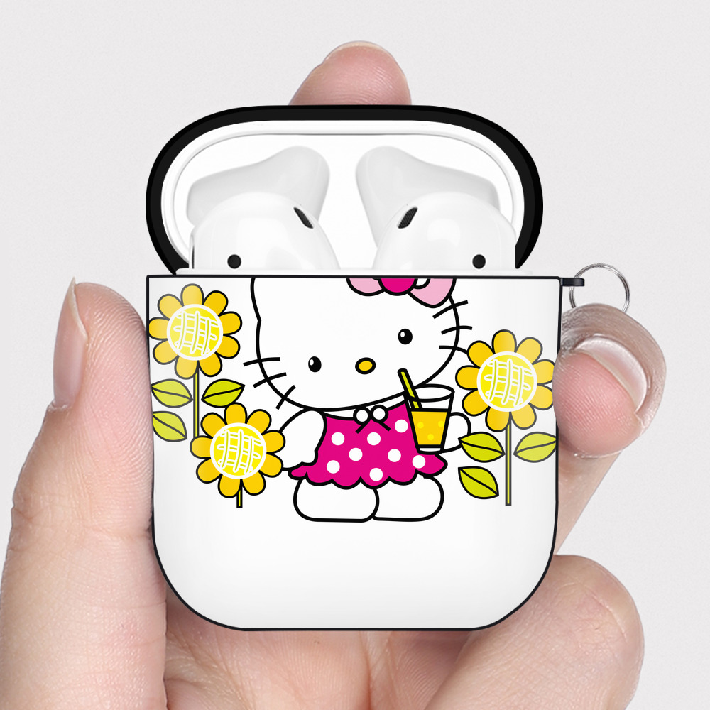 （画像用） Hello Kitty ハローキティ AirPods 第2世代保護ケース ハードシェル ブラック 耐衝撃・防指紋・カラビナ付き