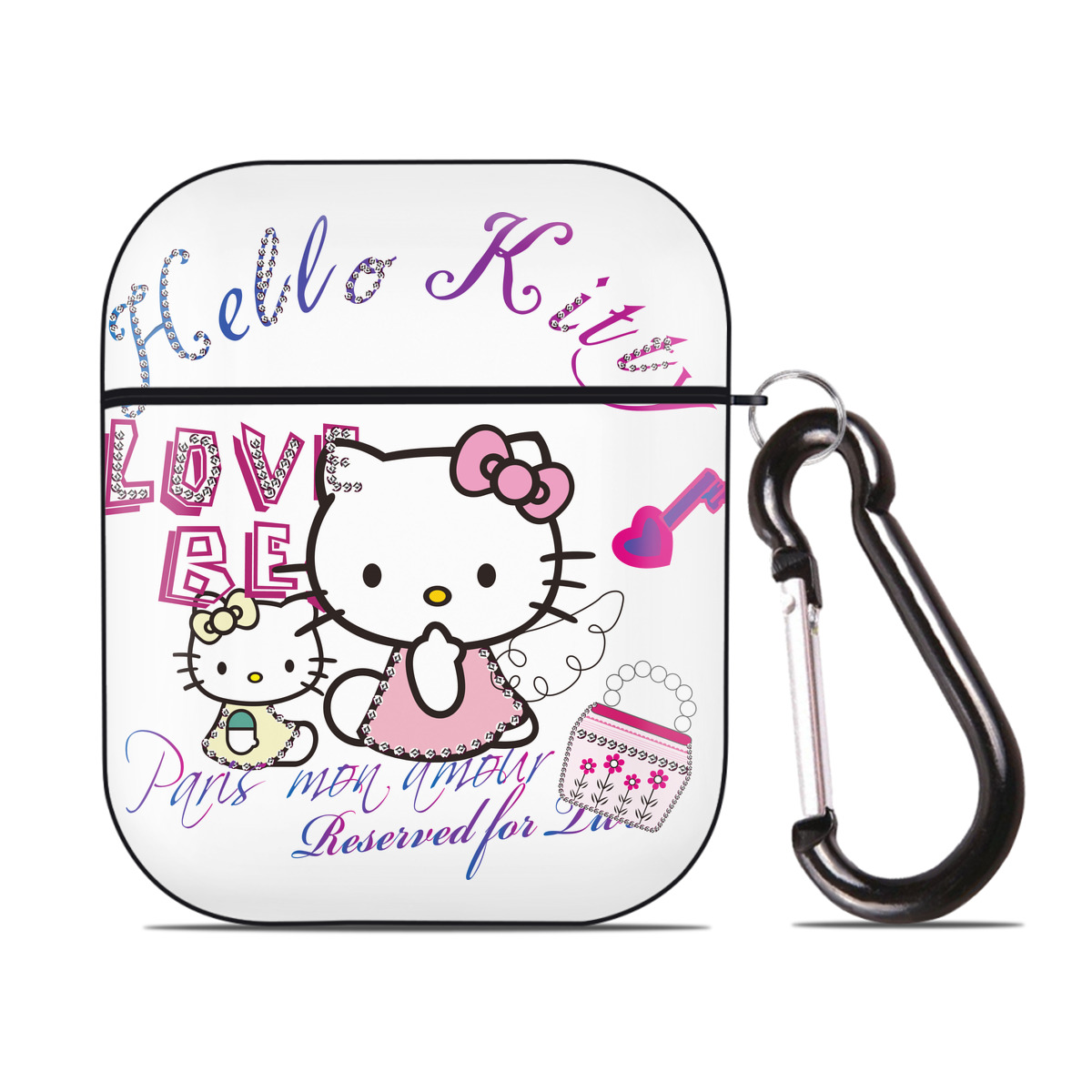 （画像用） Hello Kitty ハローキティ AirPods 第2世代保護ケース ハードシェル ブラック 耐衝撃・防指紋・カラビナ付き