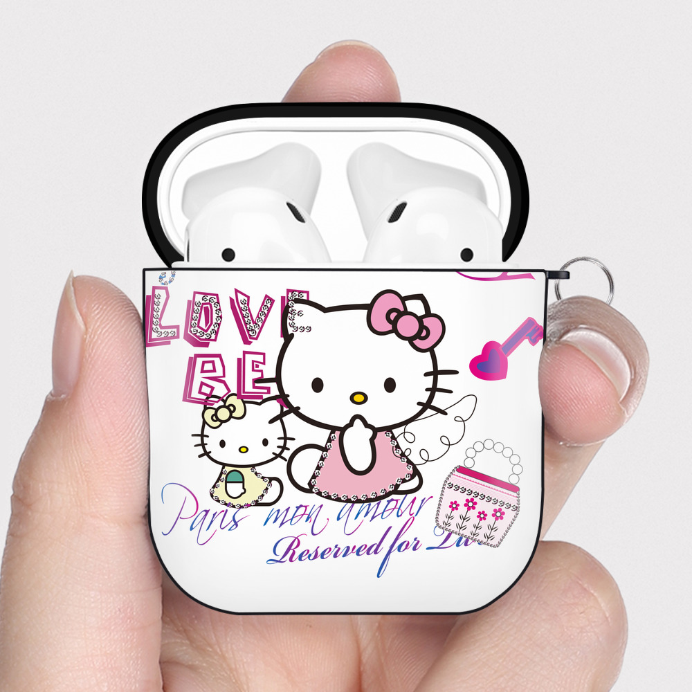 （画像用） Hello Kitty ハローキティ AirPods 第2世代保護ケース ハードシェル ブラック 耐衝撃・防指紋・カラビナ付き