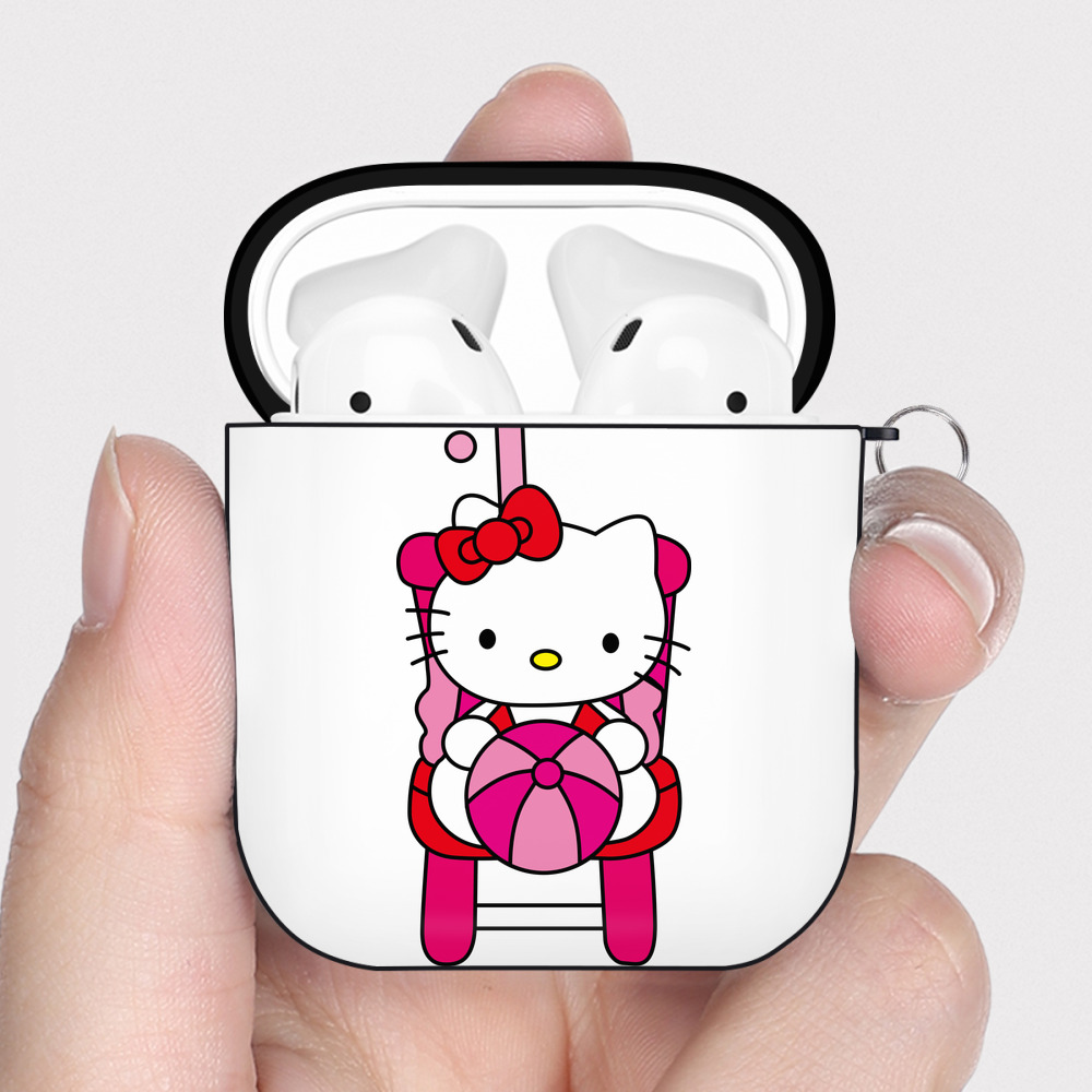 （画像用） Hello Kitty ハローキティ AirPods 第2世代保護ケース ハードシェル ブラック 耐衝撃・防指紋・カラビナ付き
