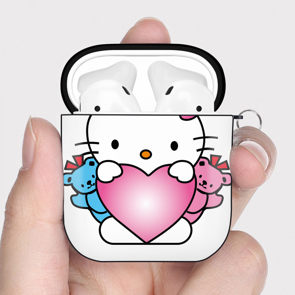 （画像用） Hello Kitty ハローキティ AirPods 第2世代保護ケース ハードシェル ブラック 耐衝撃・防指紋・カラビナ付き