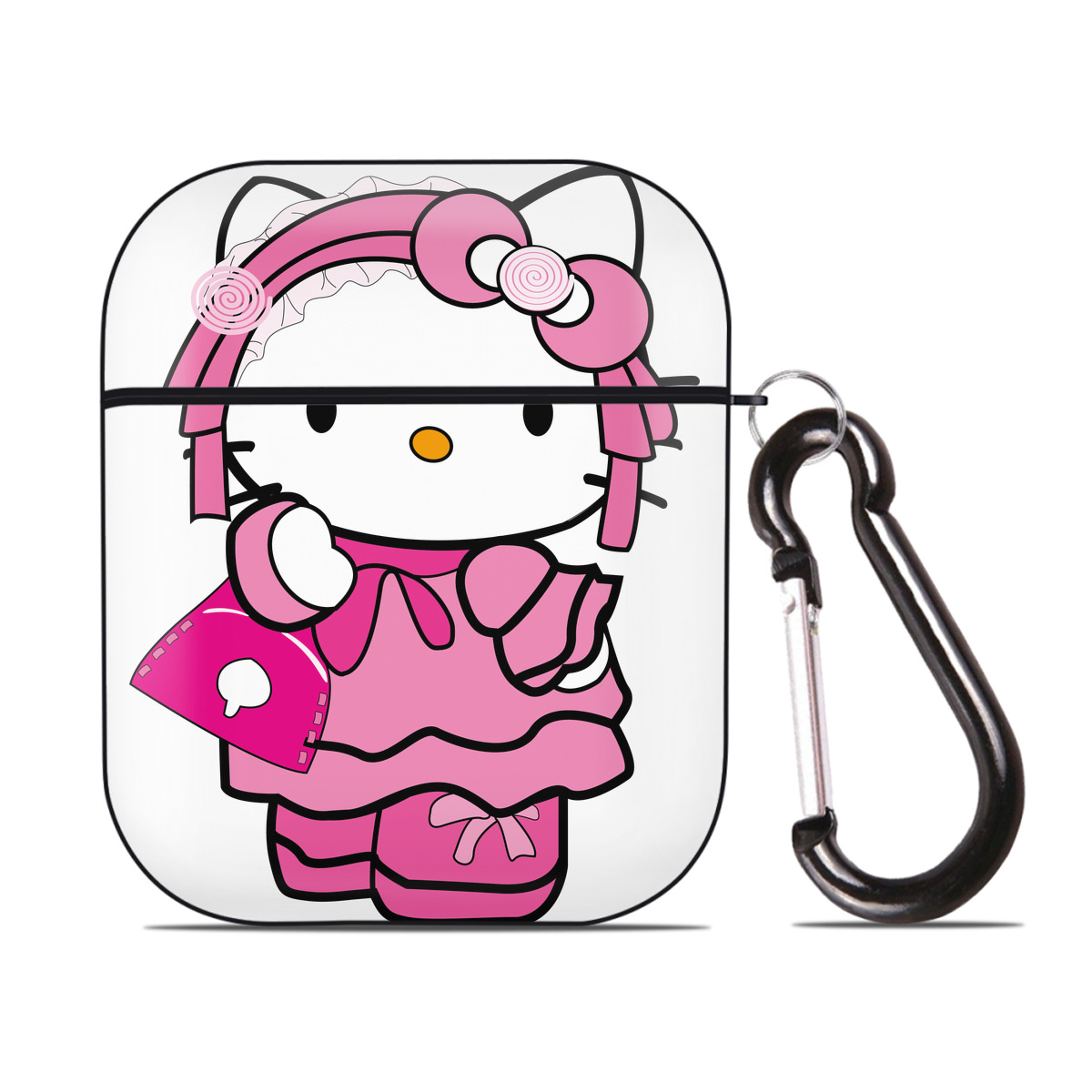 （画像用） Hello Kitty ハローキティ AirPods 第2世代保護ケース ハードシェル ブラック 耐衝撃・防指紋・カラビナ付き