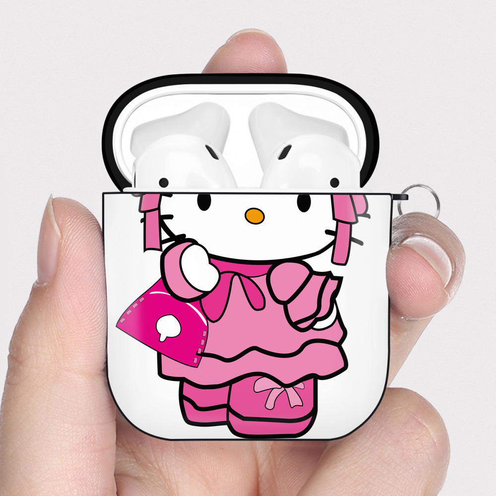 （画像用） Hello Kitty ハローキティ AirPods 第2世代保護ケース ハードシェル ブラック 耐衝撃・防指紋・カラビナ付き