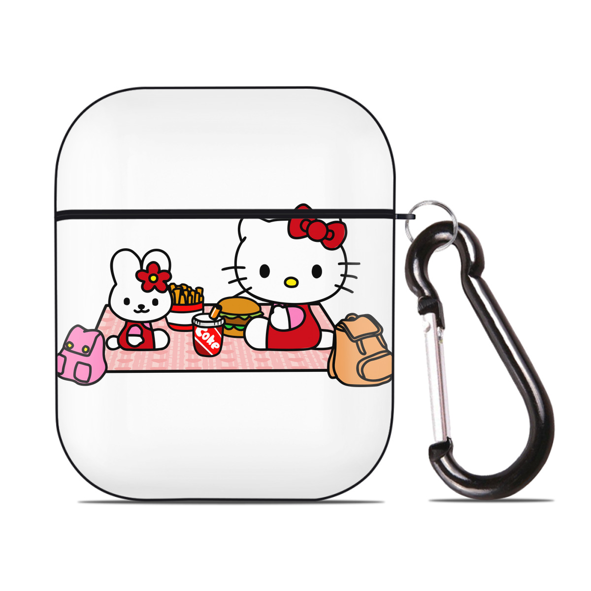 （画像用） Hello Kitty ハローキティ AirPods 第2世代保護ケース ハードシェル ブラック 耐衝撃・防指紋・カラビナ付き