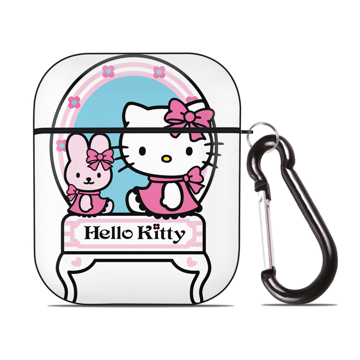 （画像用） Hello Kitty ハローキティ AirPods 第2世代保護ケース ハードシェル ブラック 耐衝撃・防指紋・カラビナ付き