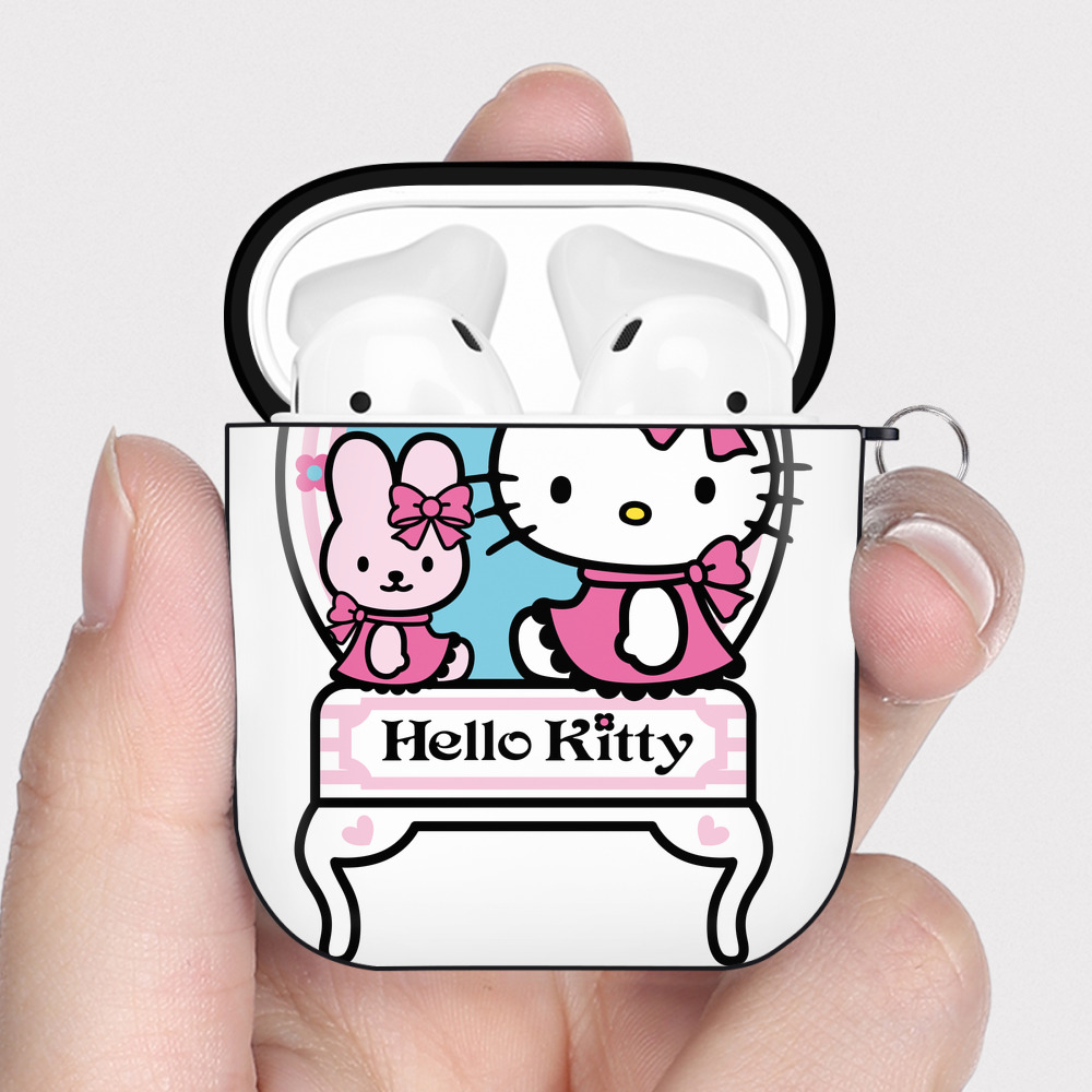 （画像用） Hello Kitty ハローキティ AirPods 第2世代保護ケース ハードシェル ブラック 耐衝撃・防指紋・カラビナ付き