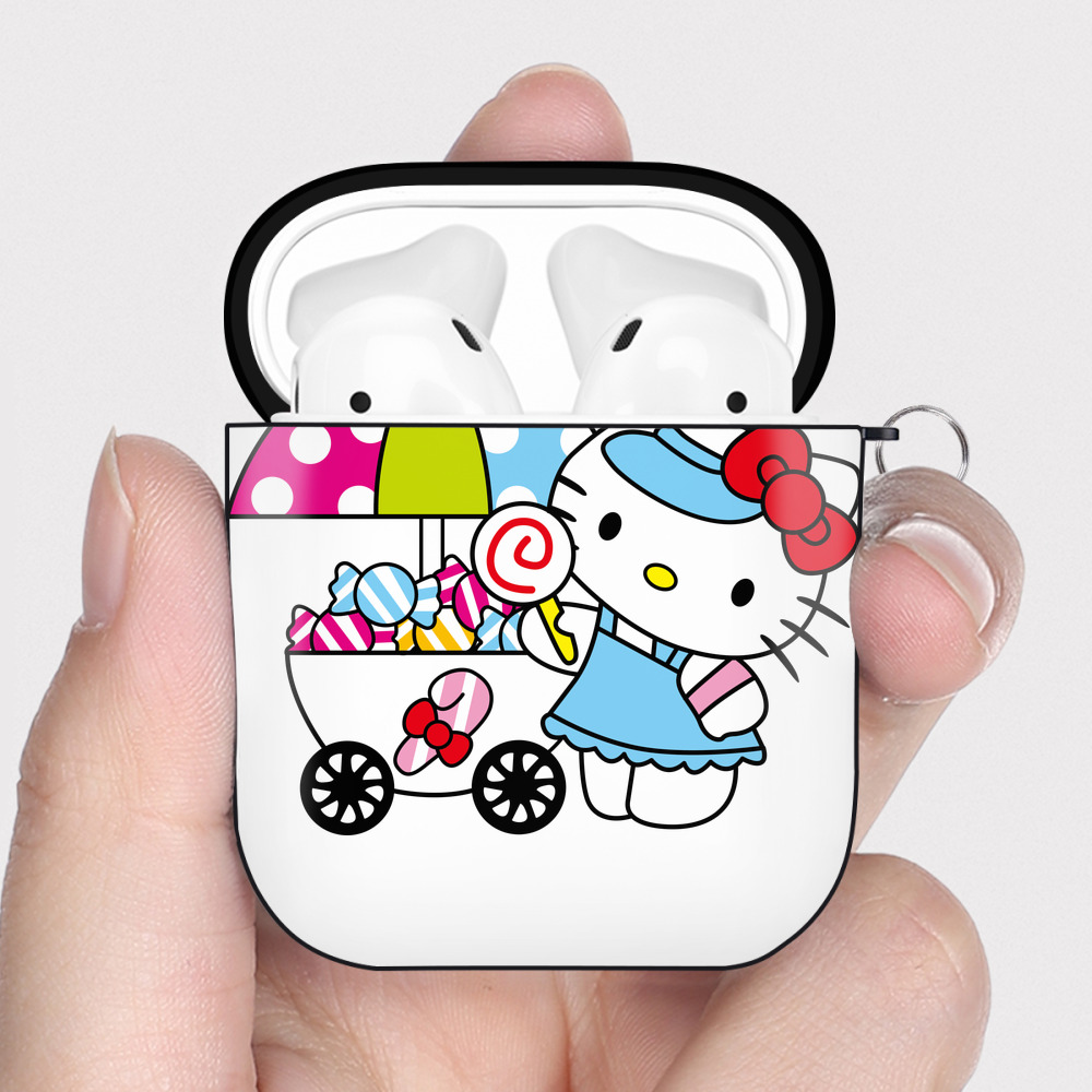 （画像用） Hello Kitty ハローキティ AirPods 第2世代保護ケース ハードシェル ブラック 耐衝撃・防指紋・カラビナ付き