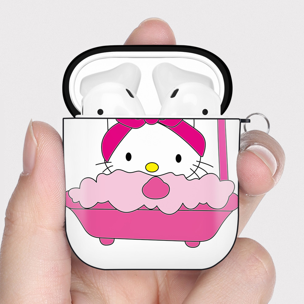 （画像用） Hello Kitty ハローキティ AirPods 第2世代保護ケース ハードシェル ブラック 耐衝撃・防指紋・カラビナ付き