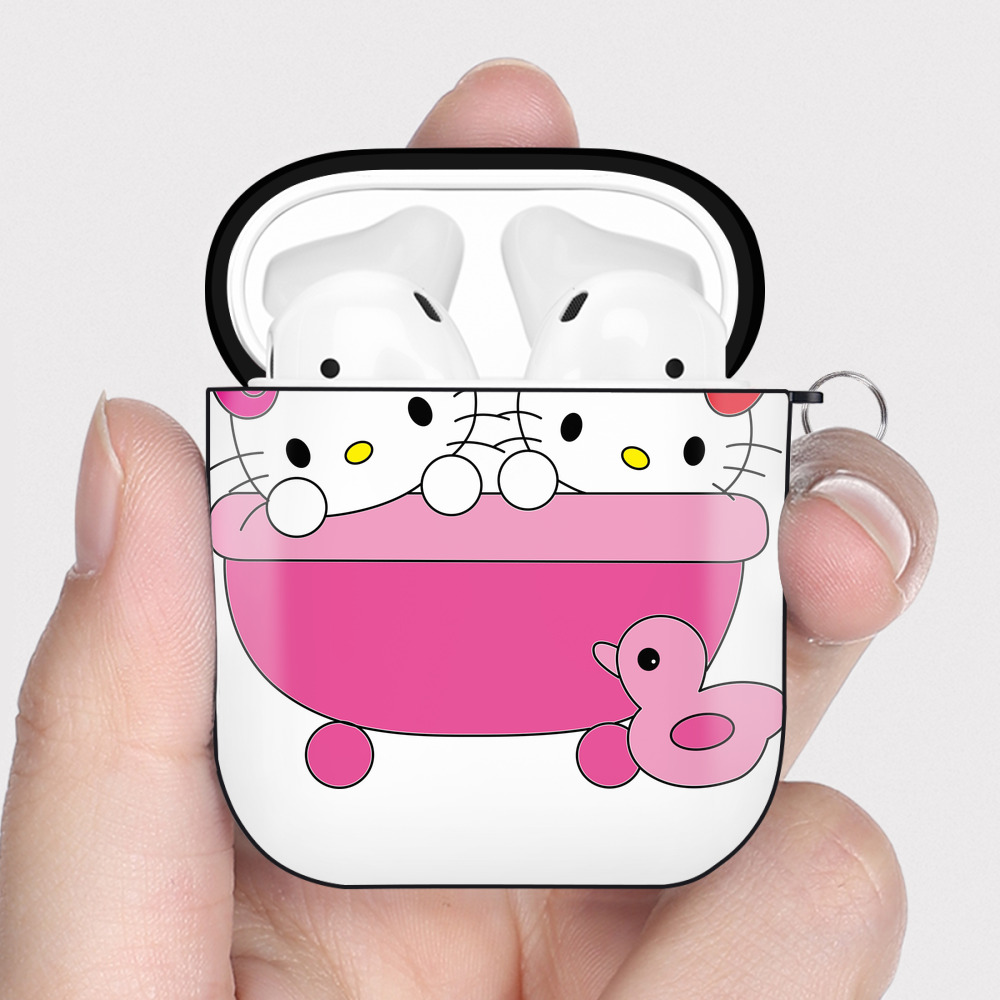 （画像用） Hello Kitty ハローキティ AirPods 第2世代保護ケース ハードシェル ブラック 耐衝撃・防指紋・カラビナ付き