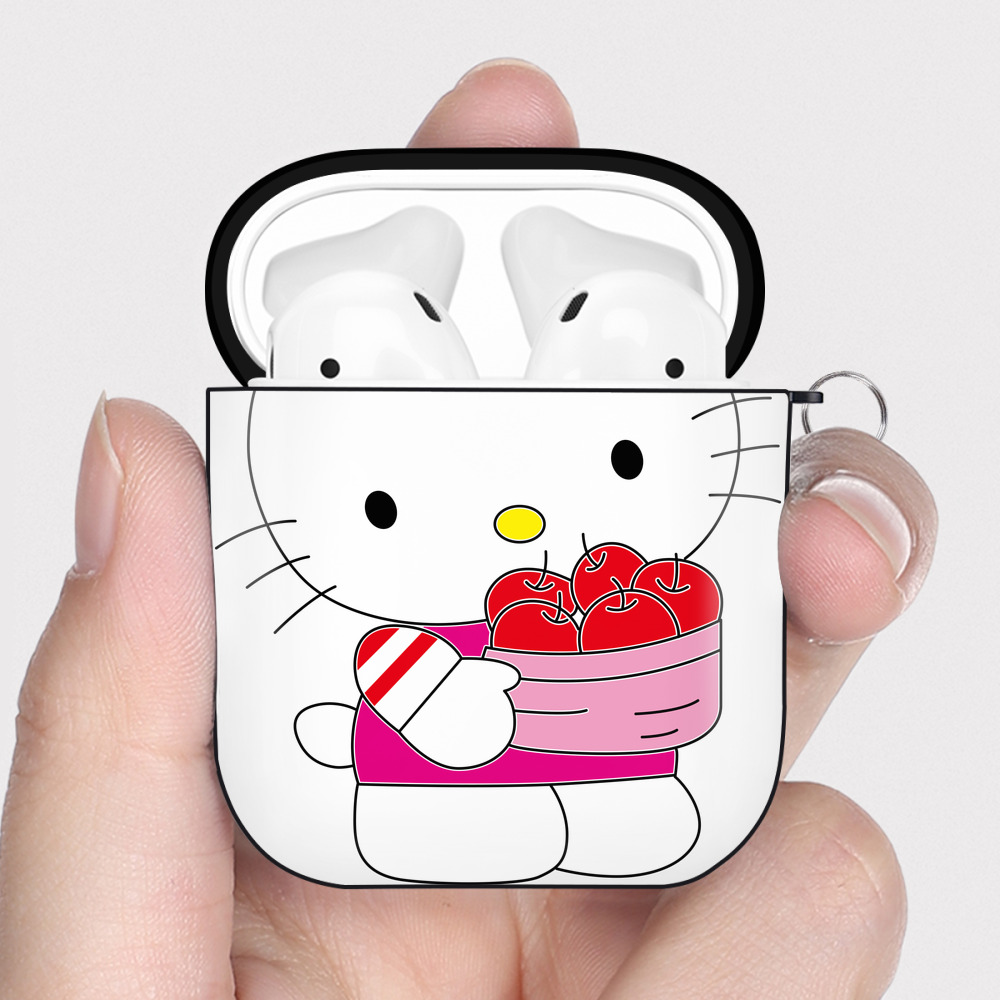 （画像用） Hello Kitty ハローキティ AirPods 第2世代保護ケース ハードシェル ブラック 耐衝撃・防指紋・カラビナ付き