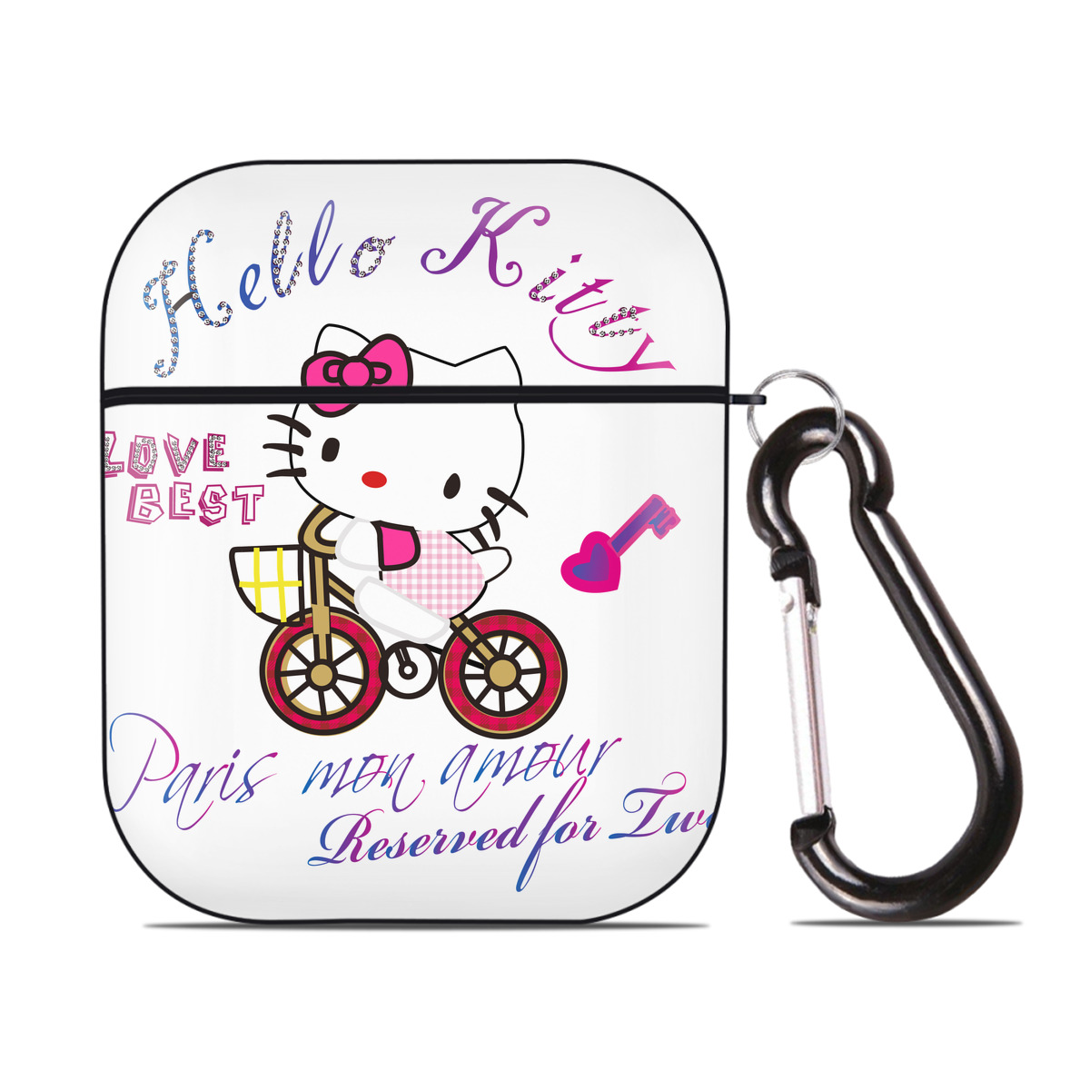（画像用） Hello Kitty ハローキティ AirPods 第2世代保護ケース ハードシェル ブラック 耐衝撃・防指紋・カラビナ付き