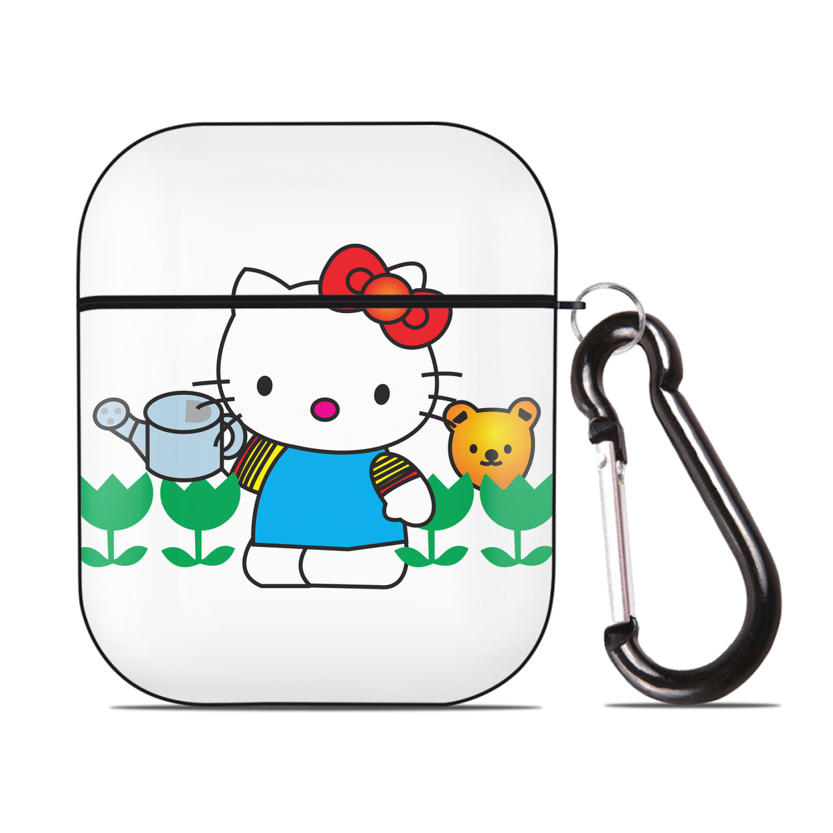 （画像用） Hello Kitty ハローキティ AirPods 第2世代保護ケース ハードシェル ブラック 耐衝撃・防指紋・カラビナ付き