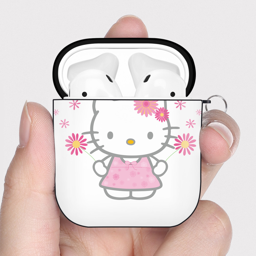 （画像用） Hello Kitty ハローキティ AirPods 第2世代保護ケース ハードシェル ブラック 耐衝撃・防指紋・カラビナ付き