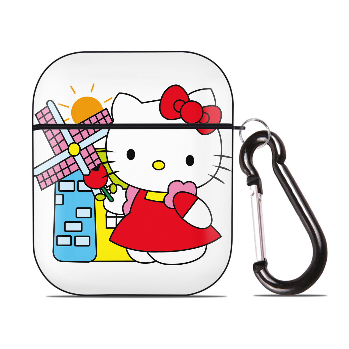 （画像用） Hello Kitty ハローキティ AirPods 第2世代保護ケース ハードシェル ブラック 耐衝撃・防指紋・カラビナ付き