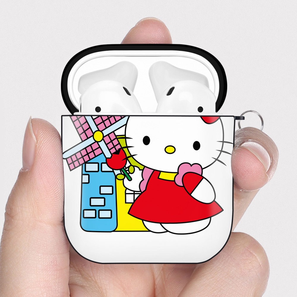 （画像用） Hello Kitty ハローキティ AirPods 第2世代保護ケース ハードシェル ブラック 耐衝撃・防指紋・カラビナ付き