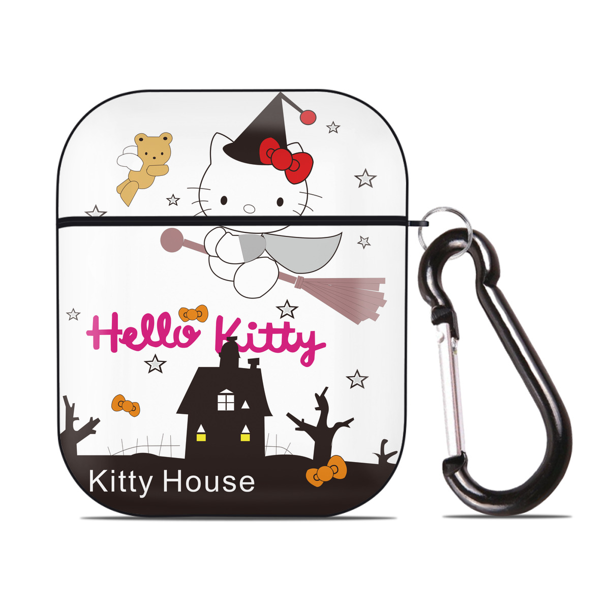 （画像用） Hello Kitty ハローキティ AirPods 第2世代保護ケース ハードシェル ブラック 耐衝撃・防指紋・カラビナ付き