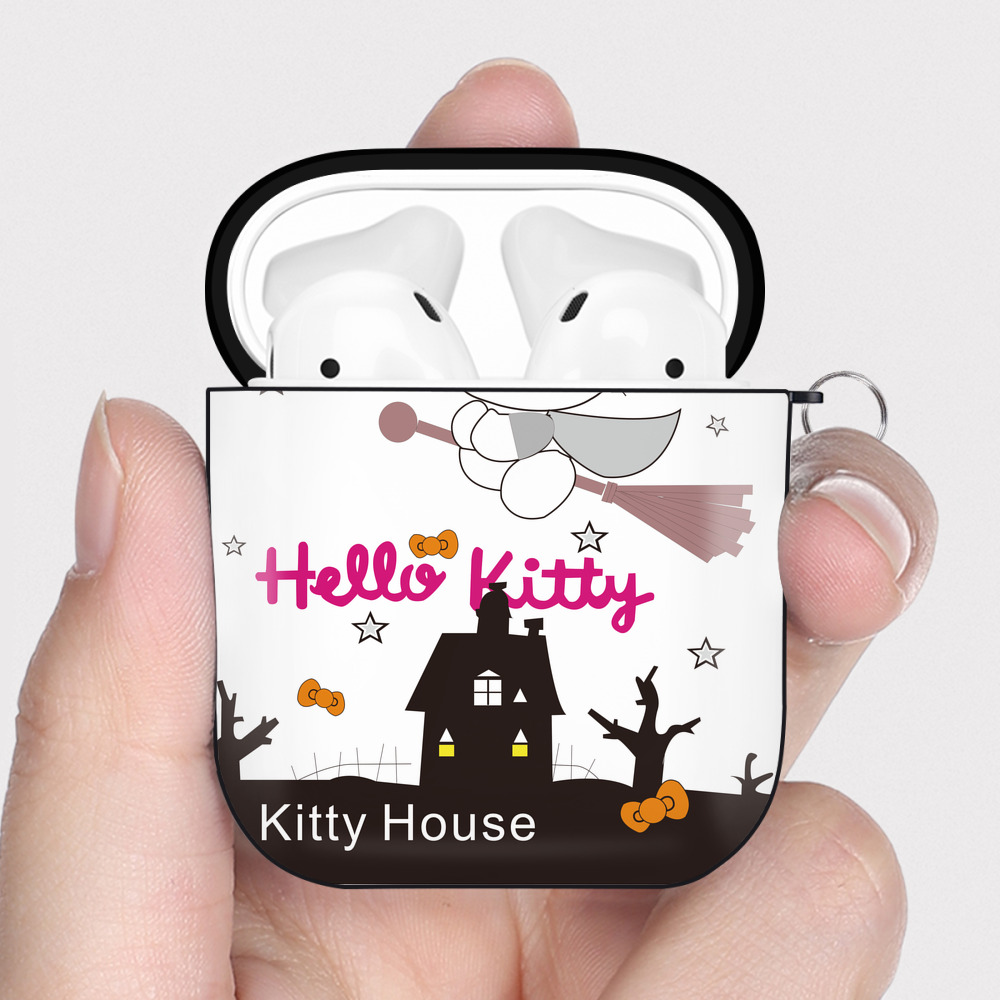 （画像用） Hello Kitty ハローキティ AirPods 第2世代保護ケース ハードシェル ブラック 耐衝撃・防指紋・カラビナ付き