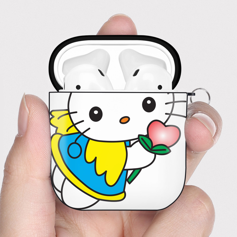 （画像用） Hello Kitty ハローキティ AirPods 第2世代保護ケース ハードシェル ブラック 耐衝撃・防指紋・カラビナ付き