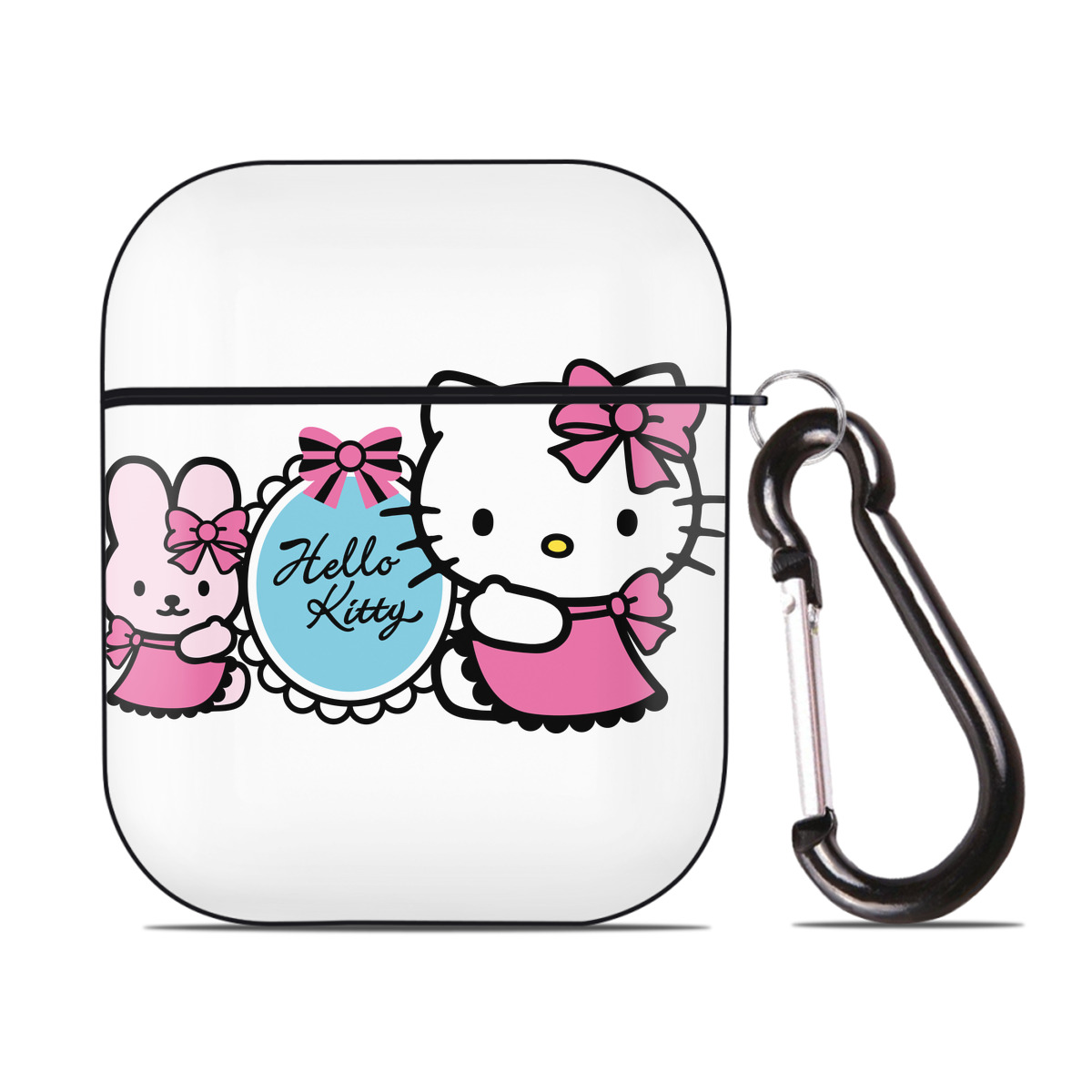 （画像用） Hello Kitty ハローキティ AirPods 第2世代保護ケース ハードシェル ブラック 耐衝撃・防指紋・カラビナ付き