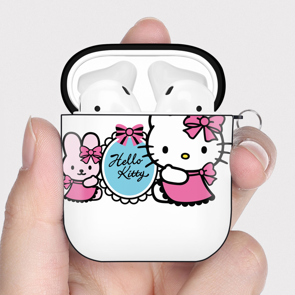 （画像用） Hello Kitty ハローキティ AirPods 第2世代保護ケース ハードシェル ブラック 耐衝撃・防指紋・カラビナ付き