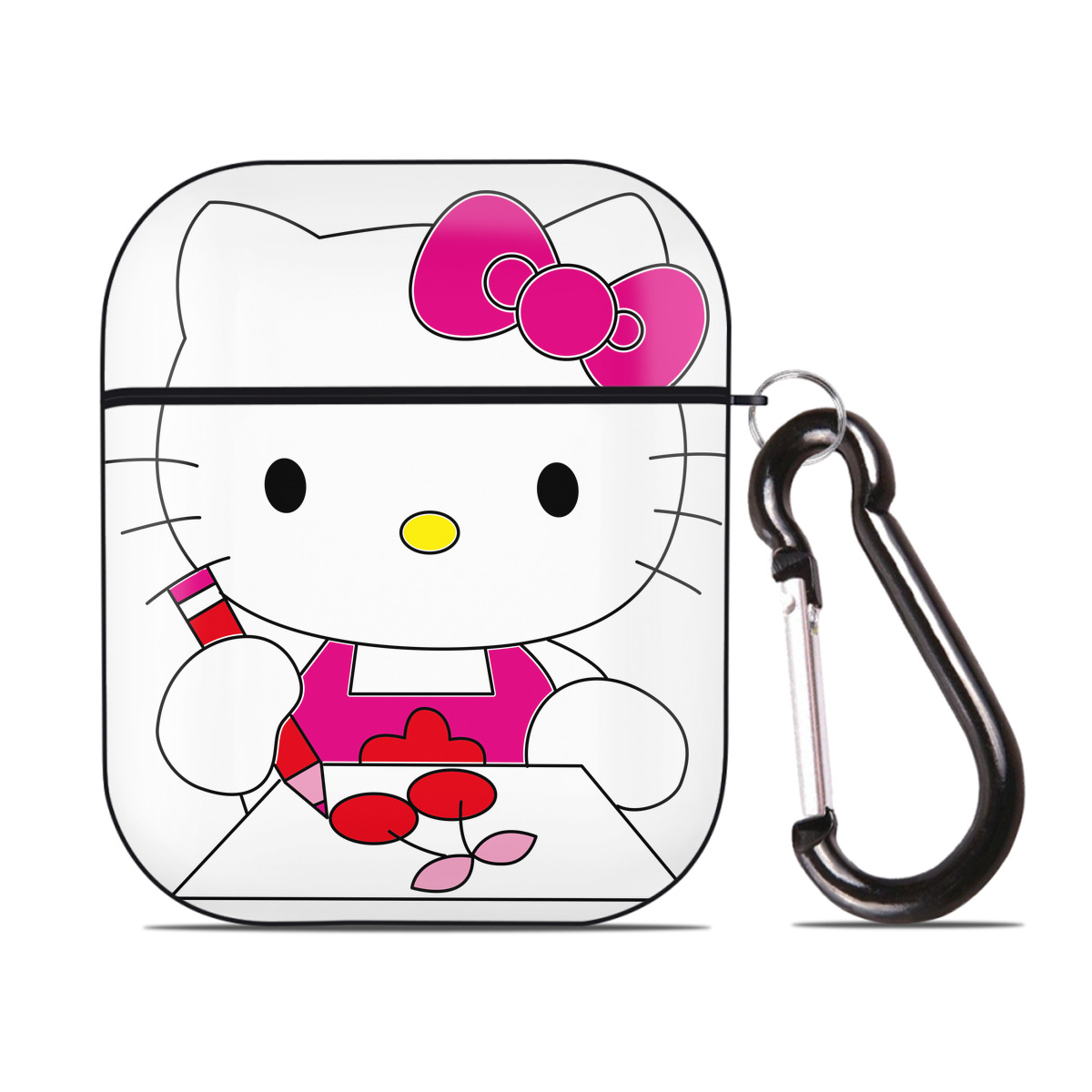 （画像用） Hello Kitty ハローキティ AirPods 第2世代保護ケース ハードシェル ブラック 耐衝撃・防指紋・カラビナ付き
