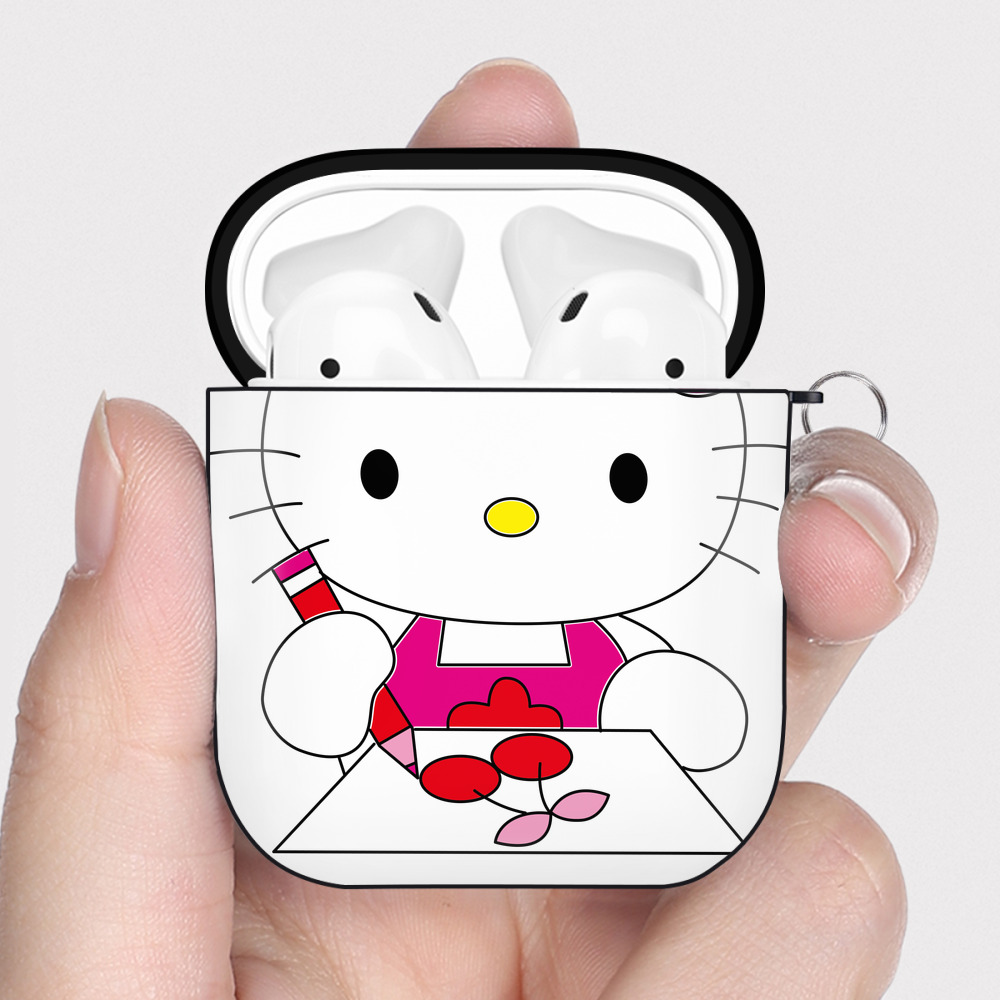 （画像用） Hello Kitty ハローキティ AirPods 第2世代保護ケース ハードシェル ブラック 耐衝撃・防指紋・カラビナ付き