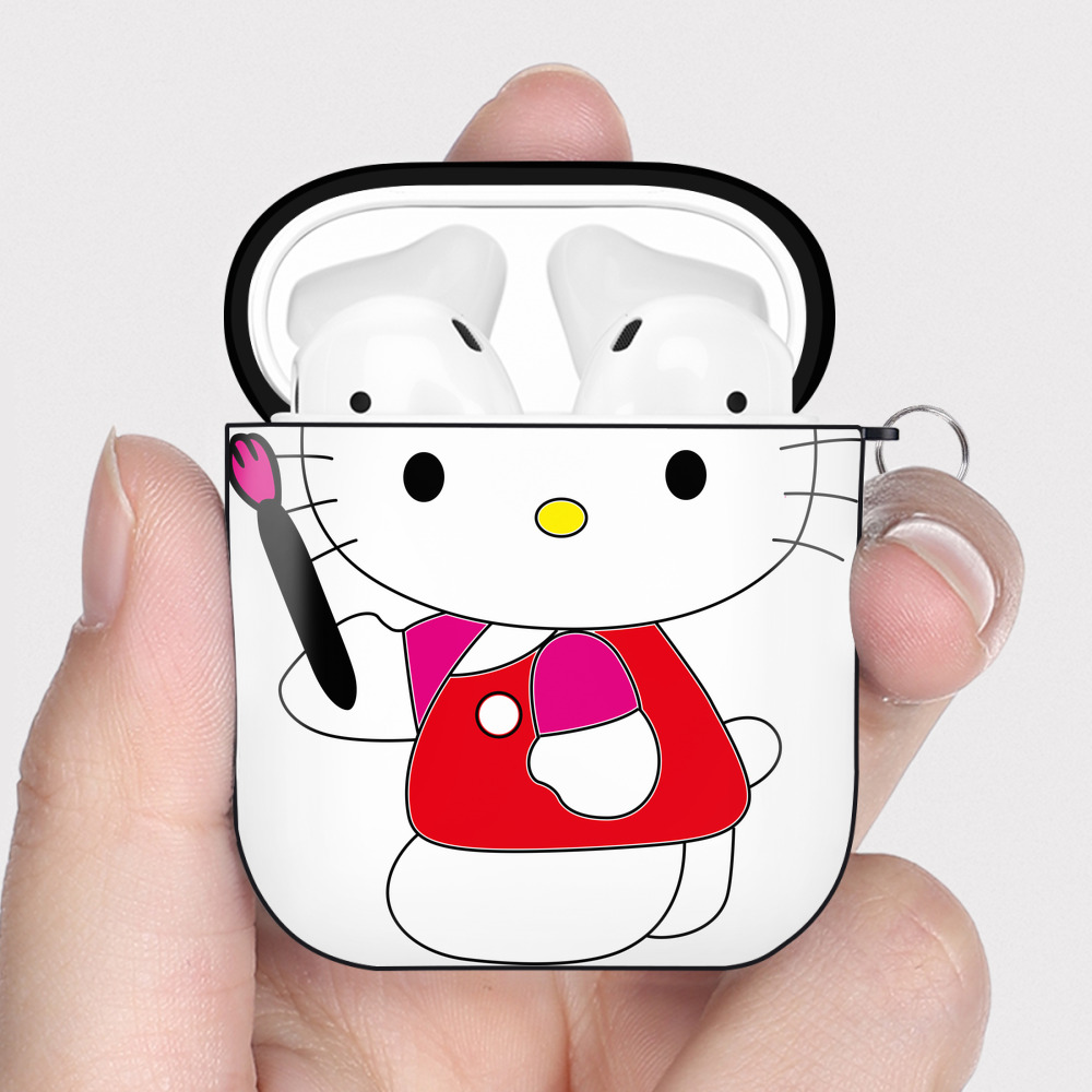（画像用） Hello Kitty ハローキティ AirPods 第2世代保護ケース ハードシェル ブラック 耐衝撃・防指紋・カラビナ付き