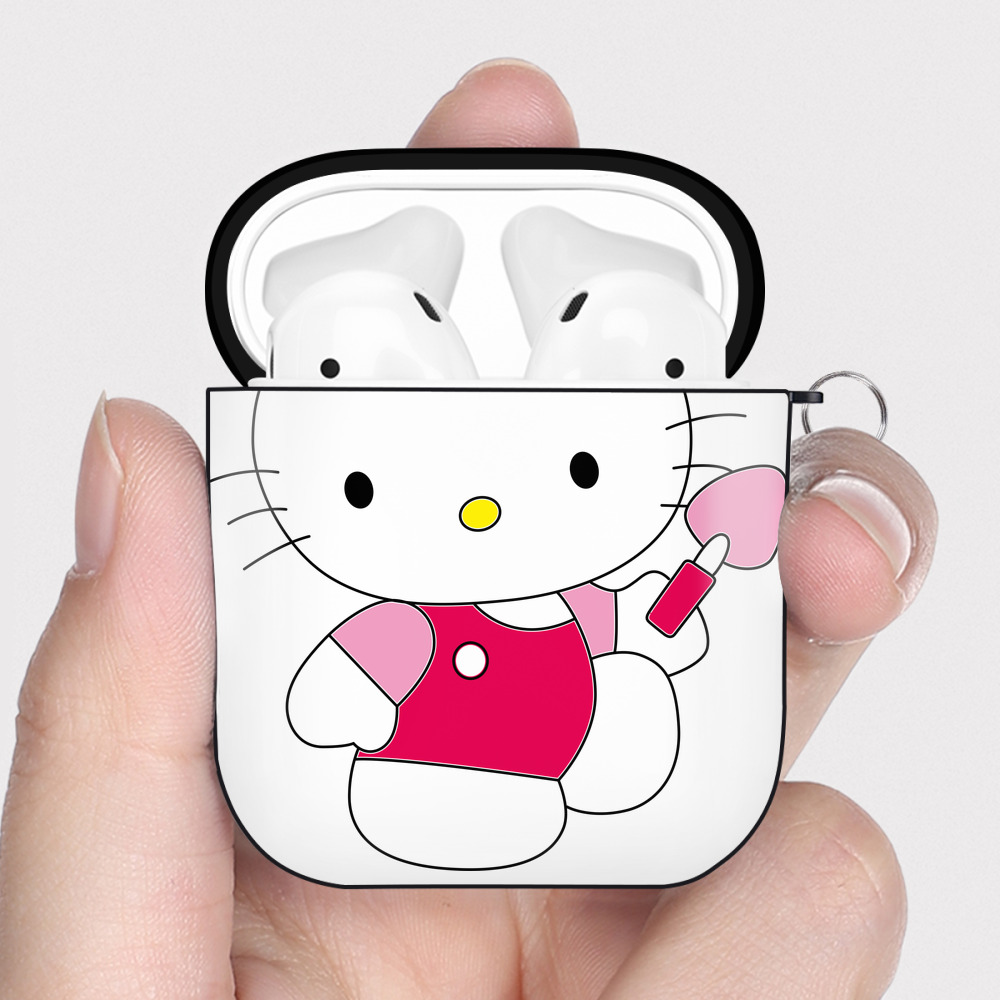 （画像用） Hello Kitty ハローキティ AirPods 第2世代保護ケース ハードシェル ブラック 耐衝撃・防指紋・カラビナ付き