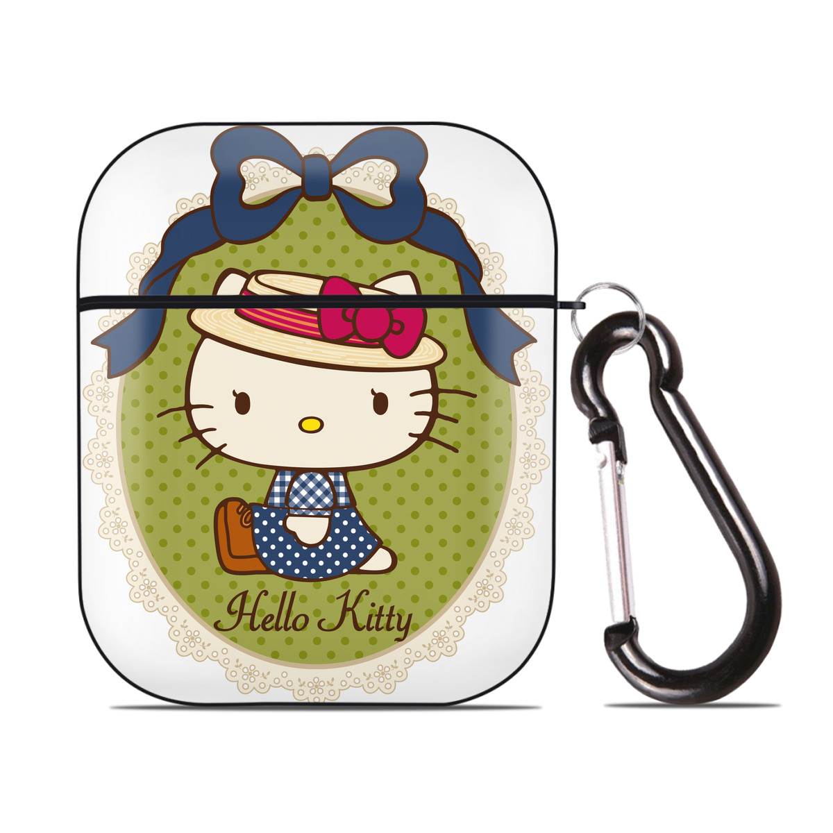 （画像用） Hello Kitty ハローキティ AirPods 第2世代保護ケース ハードシェル ブラック 耐衝撃・防指紋・カラビナ付き