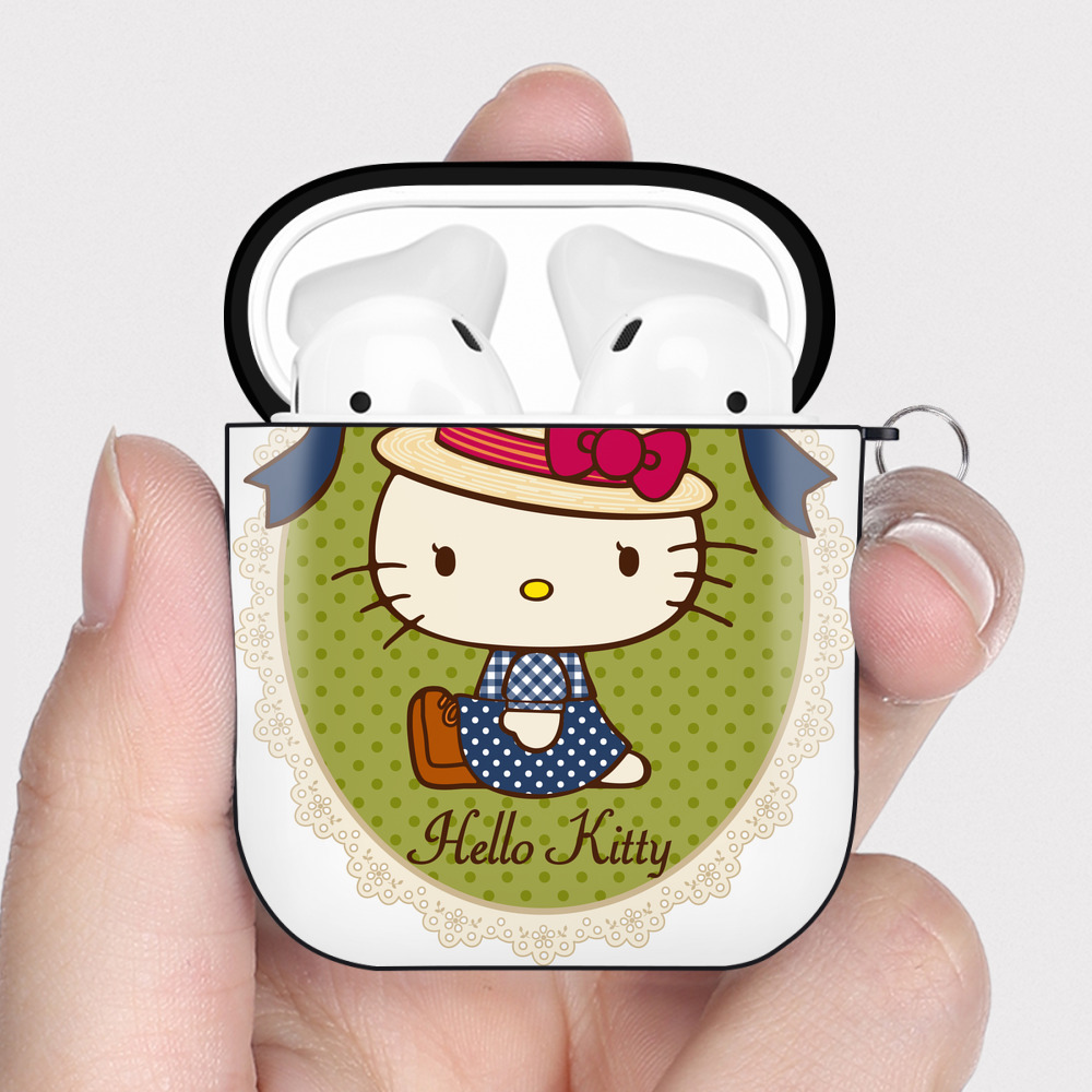 （画像用） Hello Kitty ハローキティ AirPods 第2世代保護ケース ハードシェル ブラック 耐衝撃・防指紋・カラビナ付き