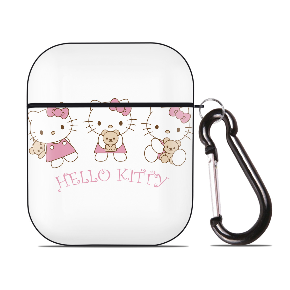 （画像用） Hello Kitty ハローキティ AirPods 第2世代保護ケース ハードシェル ブラック 耐衝撃・防指紋・カラビナ付き